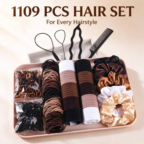 Women'S 1109-Piece Hair Accessories Set - Everyday Plain Seamless Ponytail Holders, Vintage Bohemian Scrunchies, Hair Styling Tools, Accessories for Women Hair Elastics Sets Hair Ties