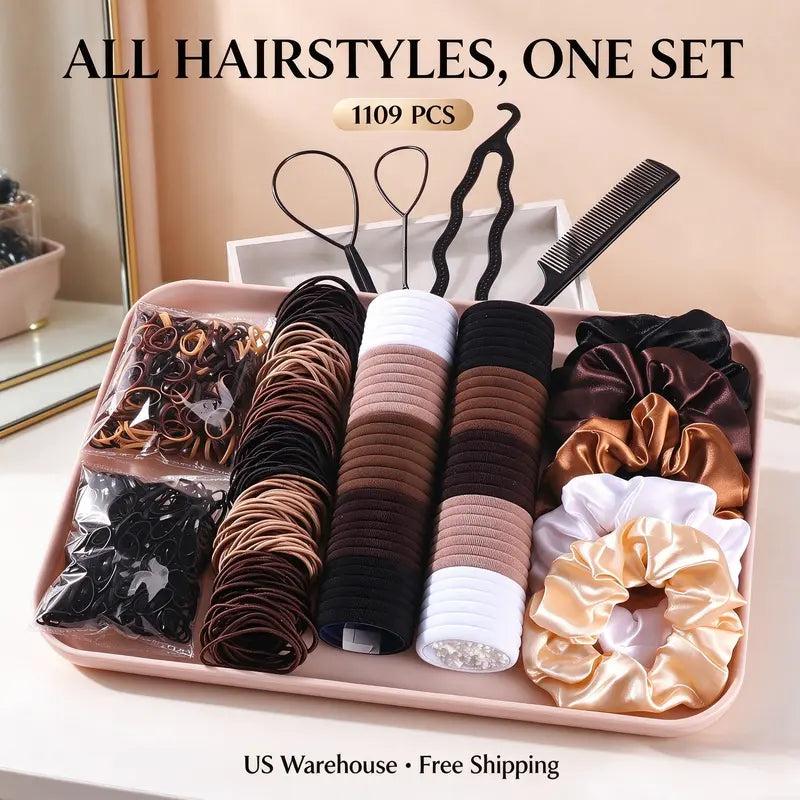 Women'S 1109-Piece Hair Accessories Set - Everyday Plain Seamless Ponytail Holders, Vintage Bohemian Scrunchies, Hair Styling Tools, Accessories for Women Hair Elastics Sets Hair Ties